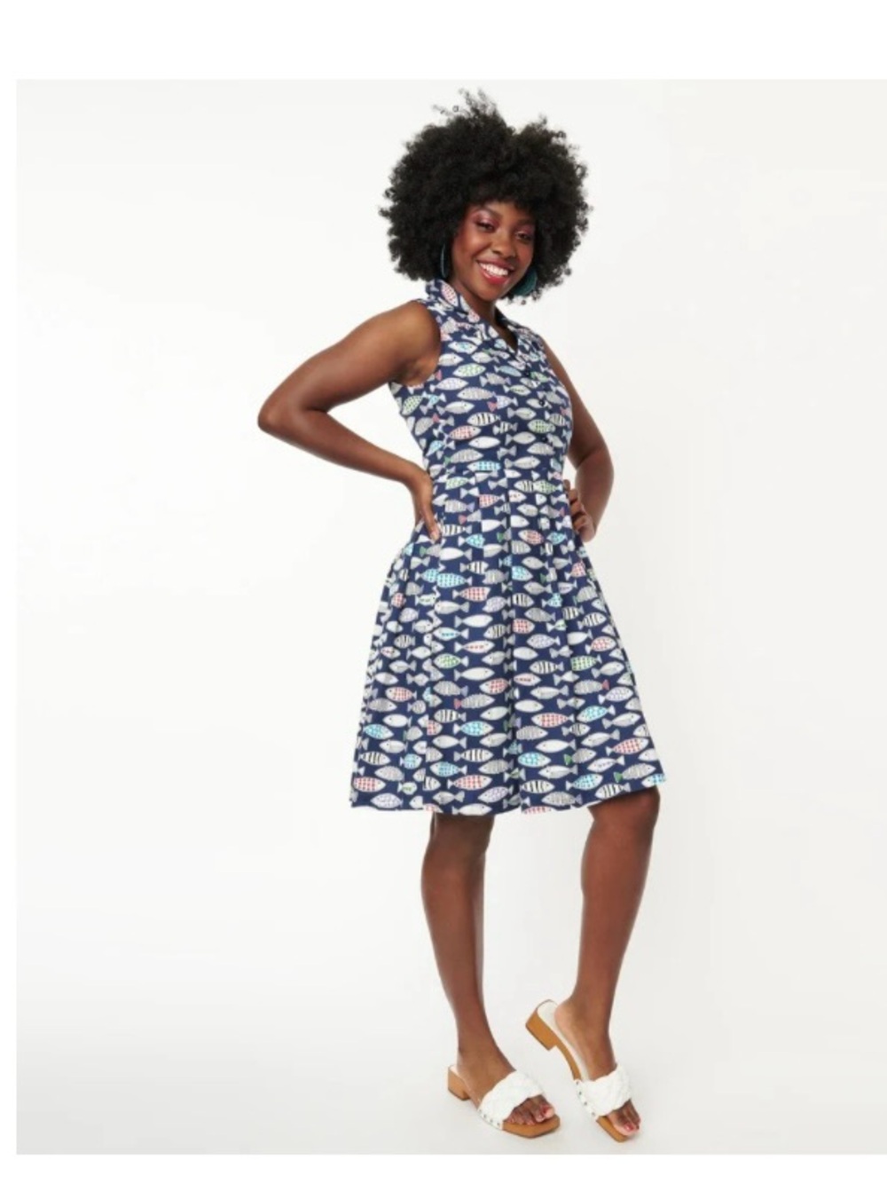 Navy Sleeveless Fish Print Fit-and-Flare Dress